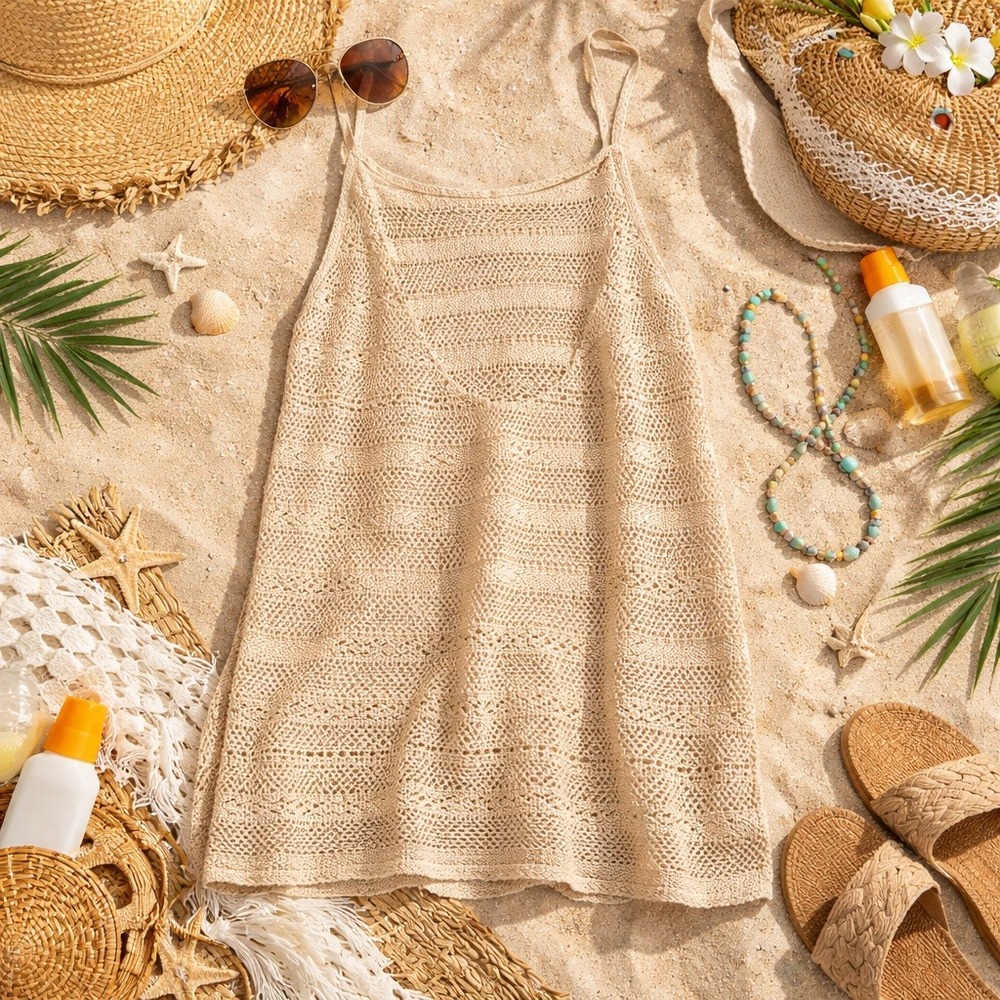 Boho Chic Coconut Festival Vacation Crochet Open Knit Tank Top Cover Up Cream M